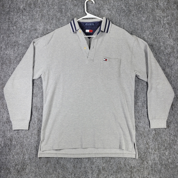 Tommy Hilfiger Mens Gray Long Sleeve Polo Rugby Shirt M Striped Collar Logo Vtg - Picture 1 of 6
